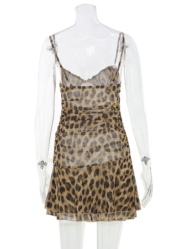 Teodora Leopard Ruched Cami Ruffle-Hem Mini Dress