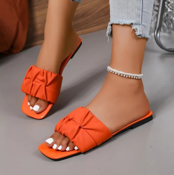 Paulette Ruched Square-Toe Flat Slide Sandals