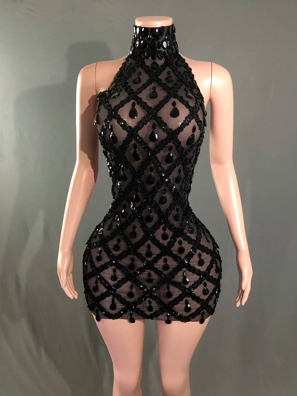 Elettra Rhinestone Sequin Lattice Sheer Mesh Mock-Neck Mini Dress