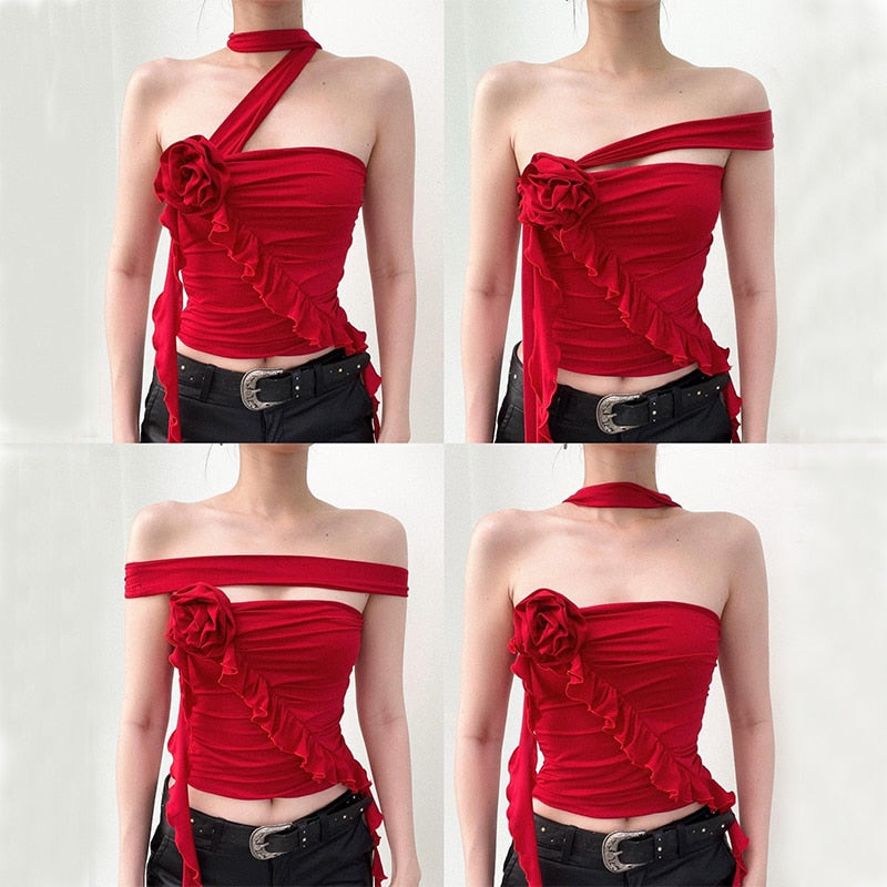 Xeemilo Y2K Strapless Ruffles Tube Tank Top Sexy Solid Pleated Bandage Backless Crop Tops Women Streetwear Cute Vintage Camisole