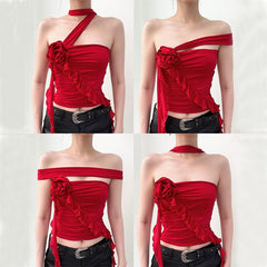 Xeemilo Y2K Strapless Ruffles Tube Tank Top Sexy Solid Pleated Bandage Backless Crop Tops Women Streetwear Cute Vintage Camisole