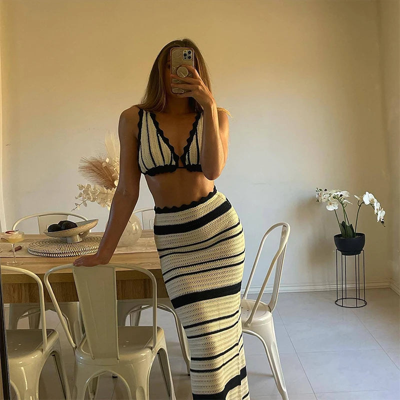 Monique Striped Knit Halter Maxi Skirt Set Two-piece