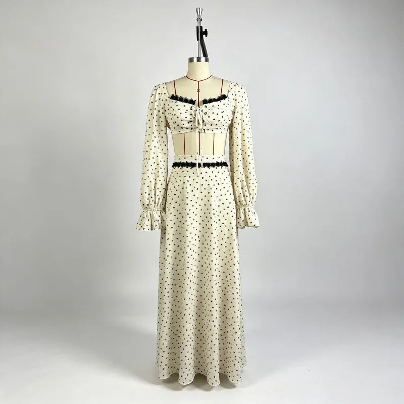 Hortense Ditsy Floral Lantern-Sleeve Lace-Trim Crop Top & Maxi Skirt Two-piece