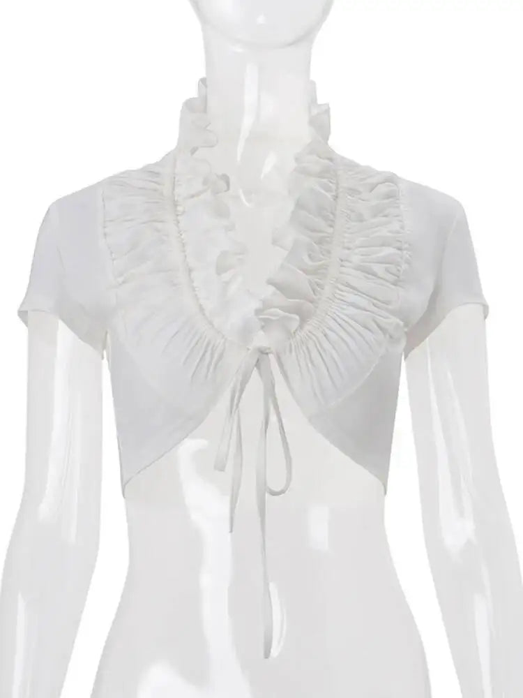JULISSA MO Sexy Deep V-neck Ruffles Women Crop Top White Short Sleeve Lace Up Ruched Tops Female Summer Skinny Casual Streetwear