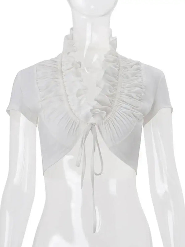 JULISSA MO Sexy Deep V-neck Ruffles Women Crop Top White Short Sleeve Lace Up Ruched Tops Female Summer Skinny Casual Streetwear