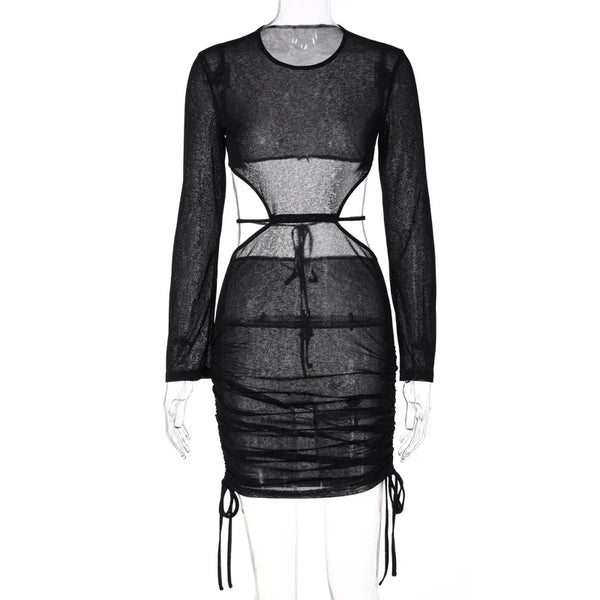 Maven Sheer-Mesh Ruched Long-Sleeve Mini Dress