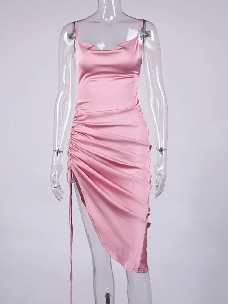 Calista Satin Cowl-Neck Ruched Midi Dress