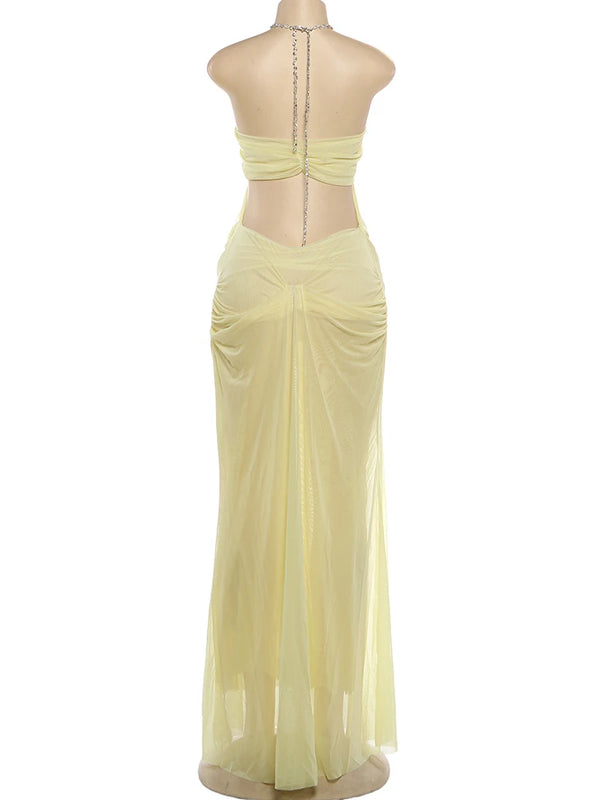 Marisabel Sheer Mesh Chain-Halter Ruched Backless Maxi Dress