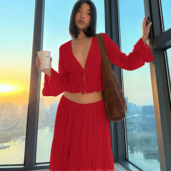 Aurelia Chiffon Lace Long-Sleeve Maxi Skirt Set Two-piece