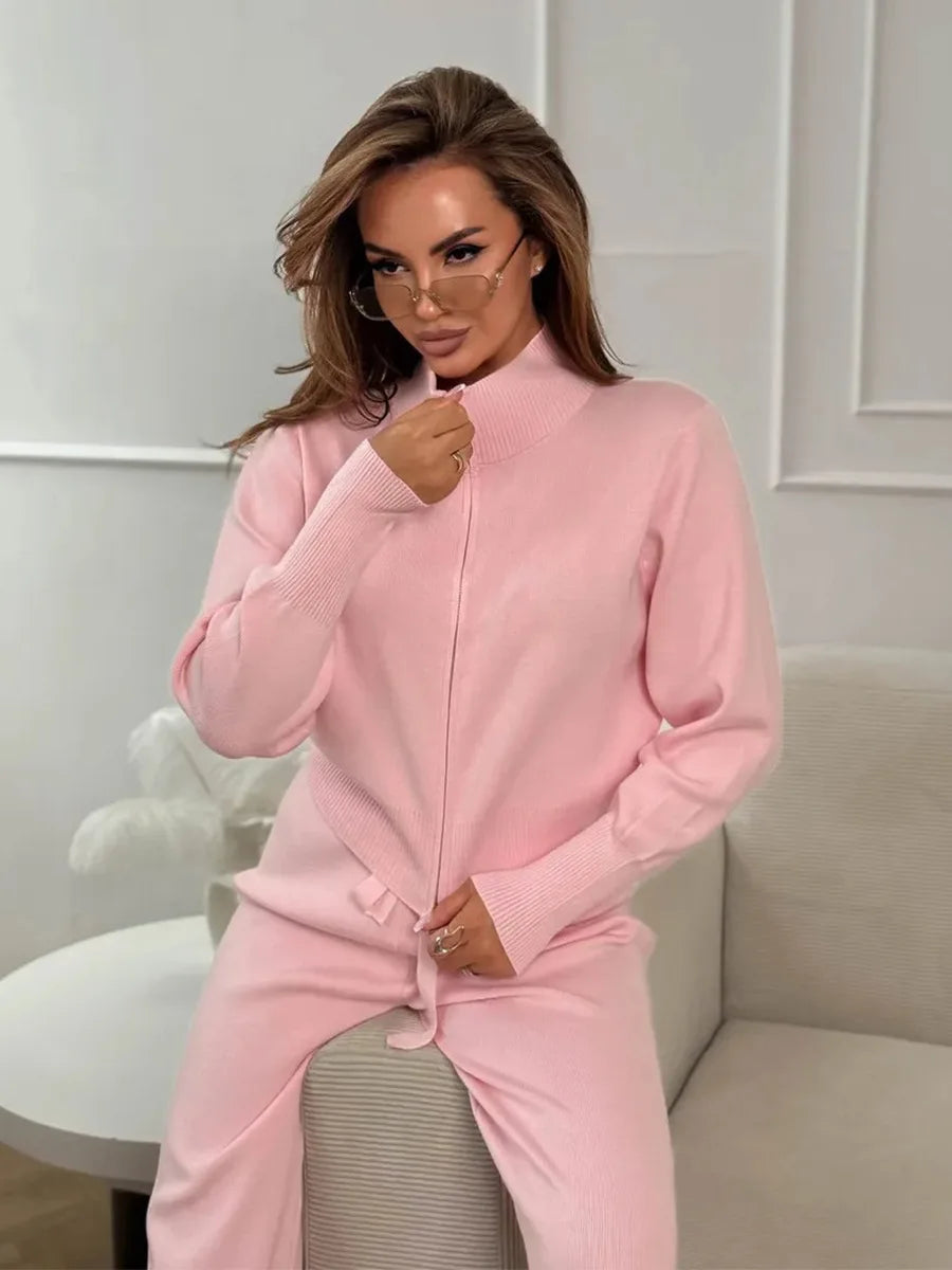 Sigourney Knit Zip-Up Cropped Cardigan & Wide-Leg Pants Two-Piece Set