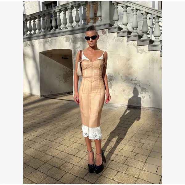 Serena Sheer Mesh Lace-Trim Midi Dress