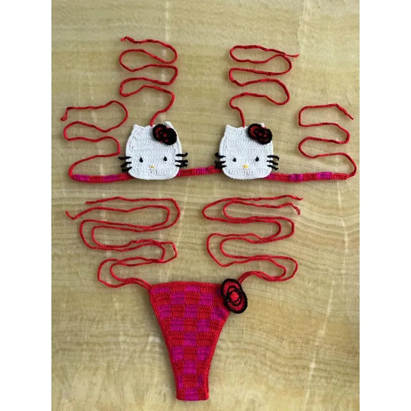 Cute Hello Kitty Ladys Sexy Swimsuit Crochet Bikinis Set Sanrio 2Pcs Womens Swimming Suit Micro Bikini Thongs Bathing Suit Beach