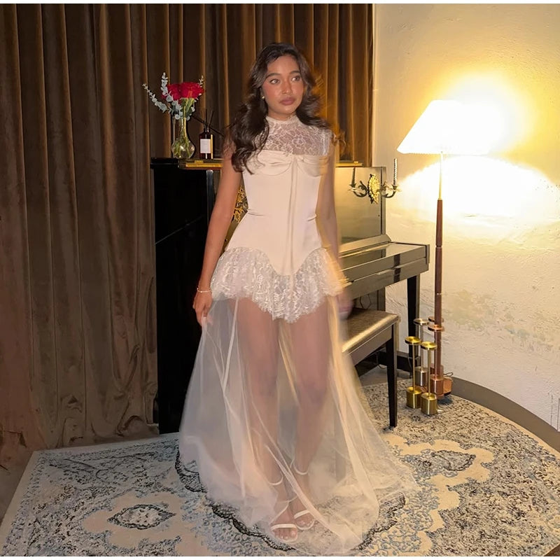 Araceli Lace Stand-Collar Ruffle Sheer Tulle Maxi Dress