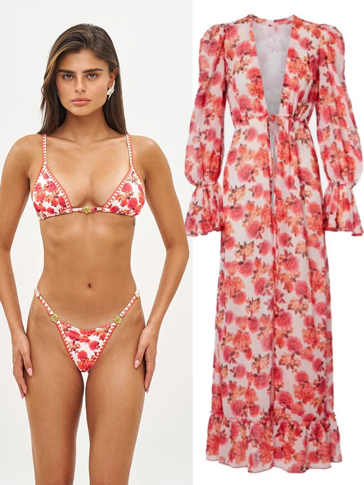 Marisa Red Floral String Bikini & Mesh Cover-Up Dress Collection