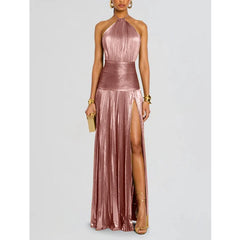 Alina Gold Pleated Halter Maxi Dress
