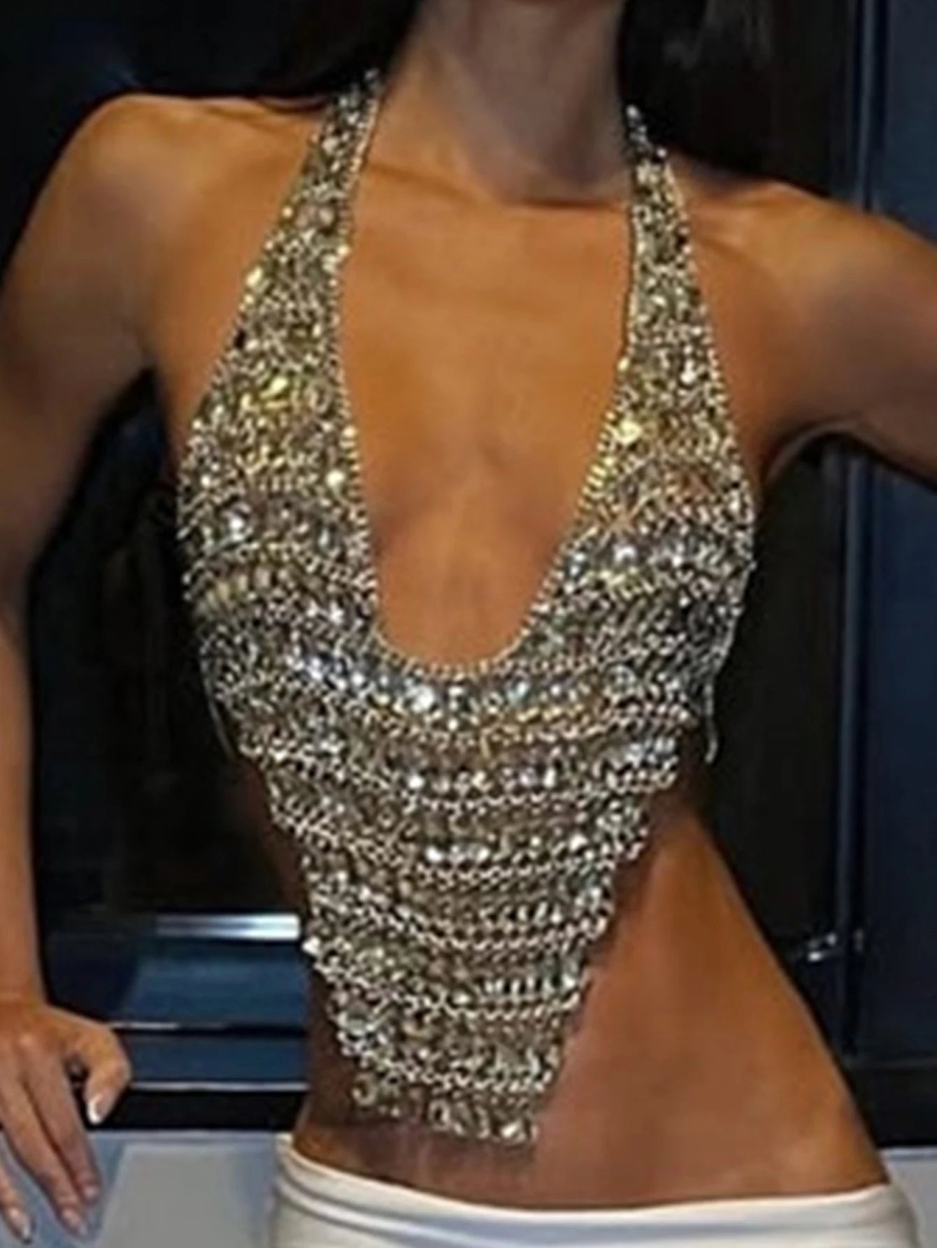Lumiere Rhinestone Metal Halter Crop Top