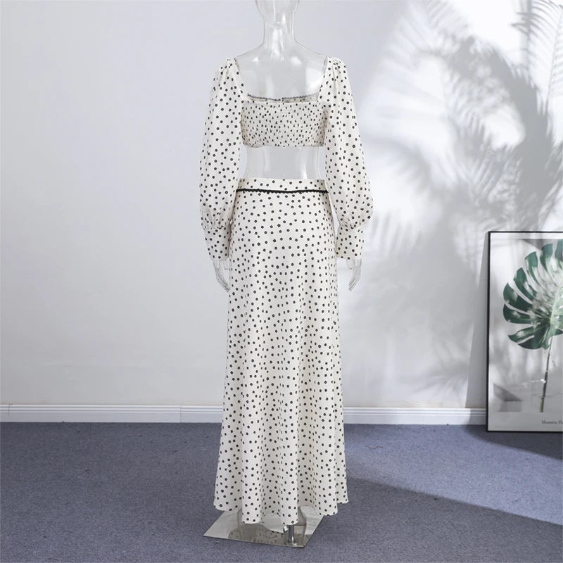 Fashion Women's Polka Dot Long Skirt Set Square Neck Lantern Sleeve Lace Crop Top High Waist A-line Skirts 2026 Summer Lady Suit