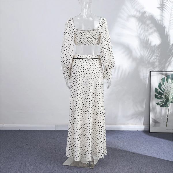 Fashion Women's Polka Dot Long Skirt Set Square Neck Lantern Sleeve Lace Crop Top High Waist A-line Skirts 2026 Summer Lady Suit