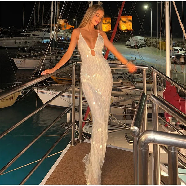 Ismene Sequin Plunge Keyhole Backless Cami Mermaid Maxi Dress
