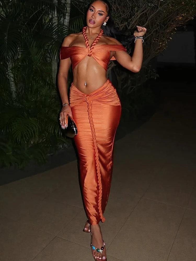 Kliou Twist Bandage Design 2 Piece Set Woman Halter Off Shoulder Backless Crop Tops+Ruched Long Skirts Prom Party Elegant Suits