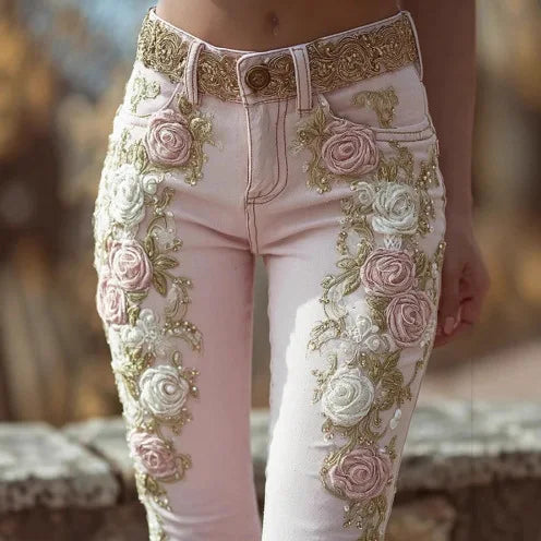 Florence Rose-Embroidered Beaded Denim Pants