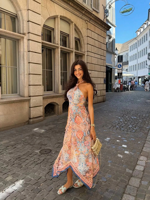 Solana Printed Halter Asymmetric Maxi Dress