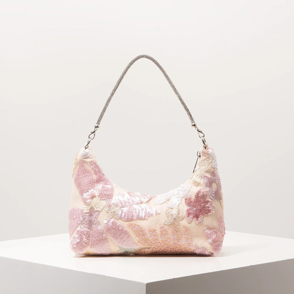 Florentina Floral Sequin Embroidered Half-Moon Shoulder Bag
