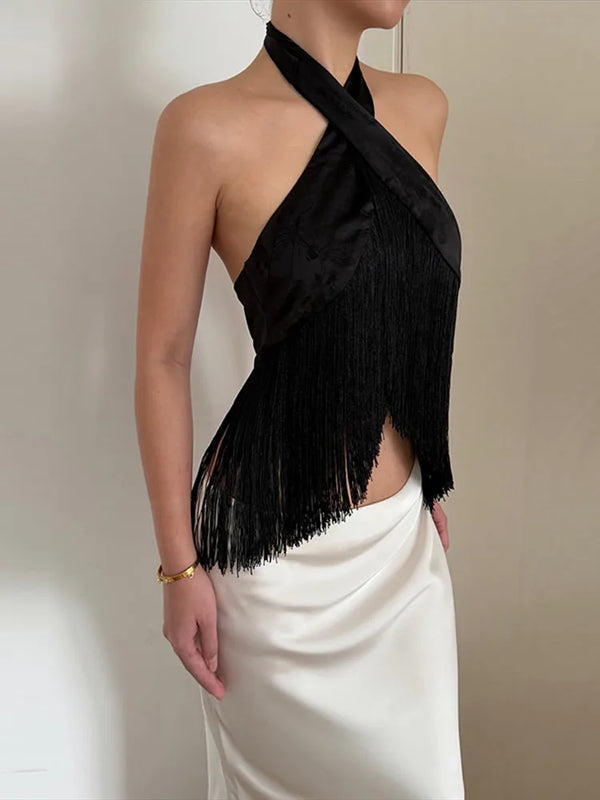 Esperanza Satin Fringe Cross-Wrap Halter Backless Crop Top One-piece