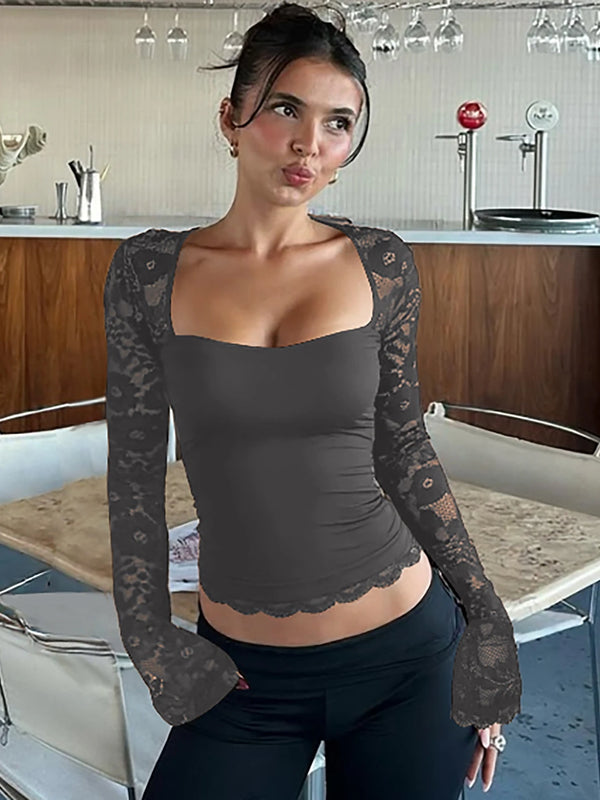 Isabella Midnight Lace Long Sleeve Square Neck Top