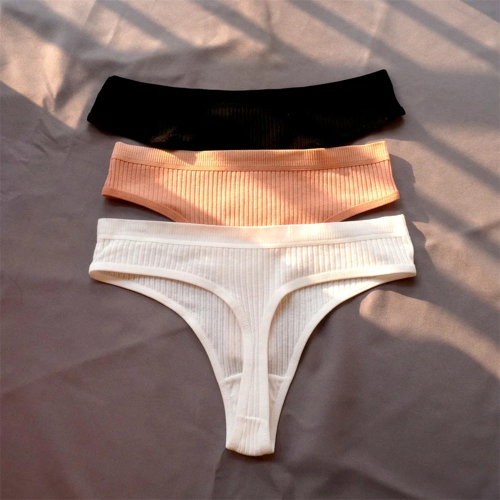 Mirelle Ribbed Cotton Thong Pack Lingerie 3-piece