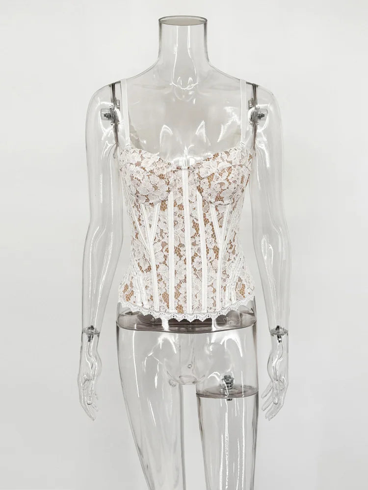 Tossy Summer Sexy Lace Vest Top For Women Hollow Out Bandage Fashion Patchwork Backless Cropped Top Female Lace Camisole Tops