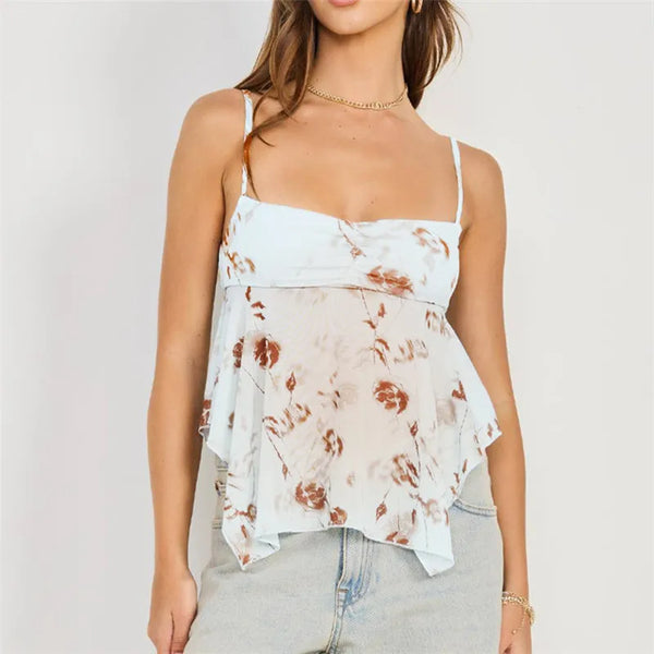 hirigin Summer Boho Tank Tops for Women Beach Vacation Floral Print Cami Shirts Y2k Fashion Flowy Ruffle Vest Mesh Chiffon Tops