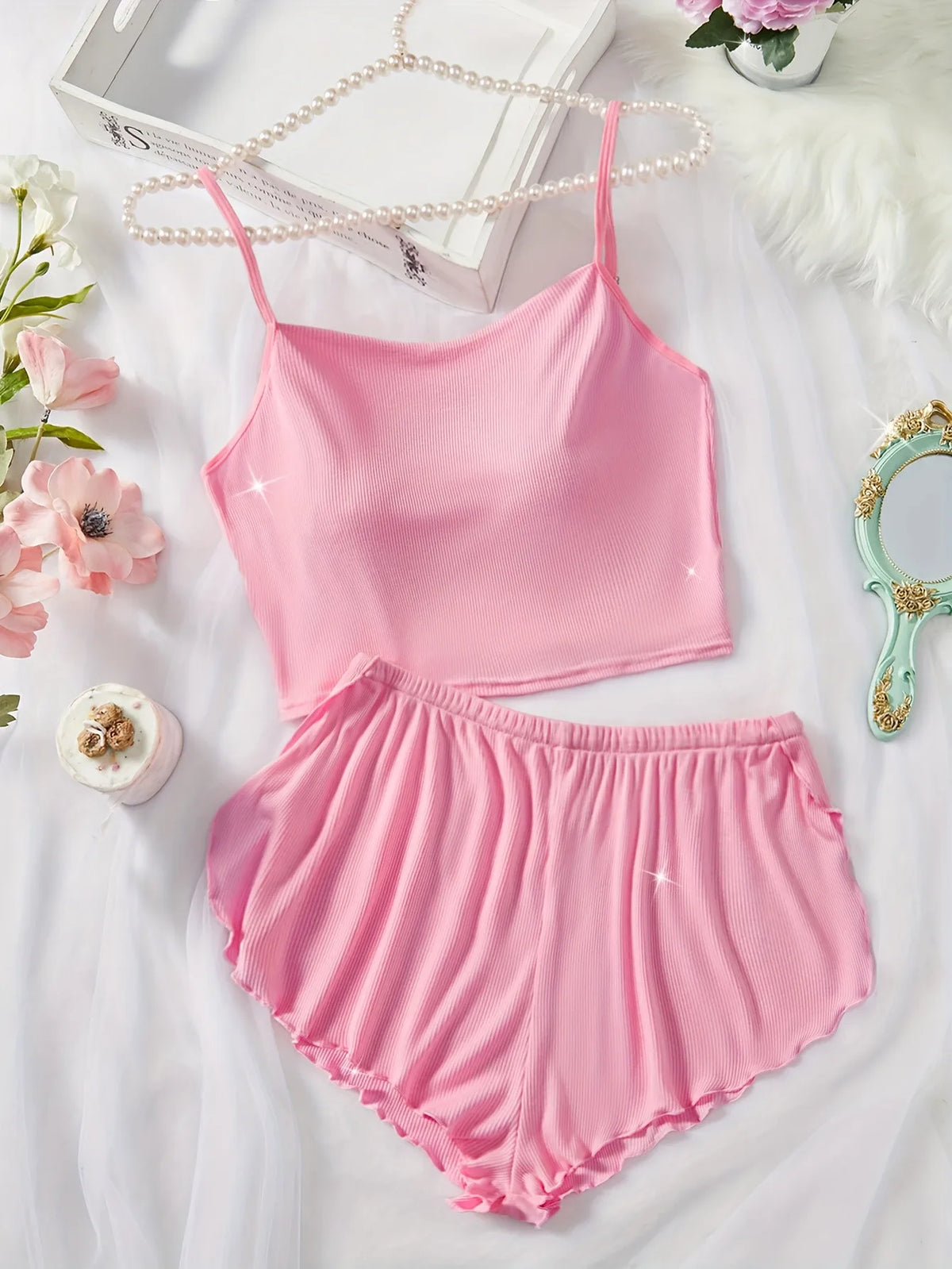 Pernilla Ribbed Cami & Ruffle-Trim Shorts Pajama Set Two-piece