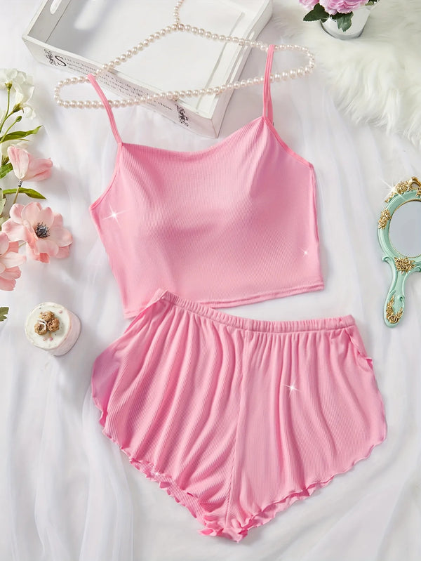 Pernilla Ribbed Cami & Ruffle-Trim Shorts Pajama Set Two-piece