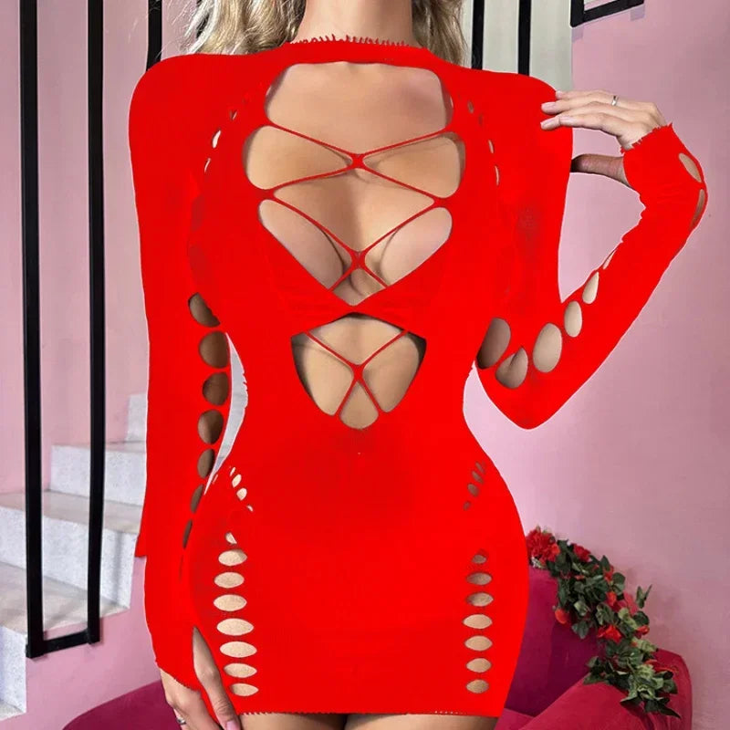 Veronique Long-Sleeve Lace-Up Cutout Fishnet Bodycon Lingerie Mini Dress