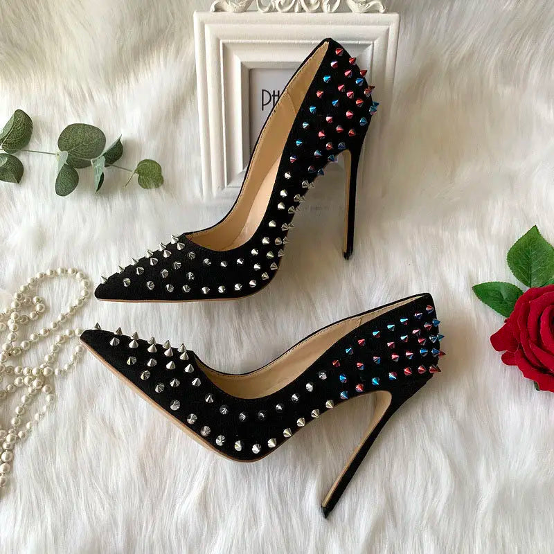 European and American Foreign Trade Women's Shoes Colored Rivets Pointed Women's Thin Heels Sexy High Heels Single Shoes