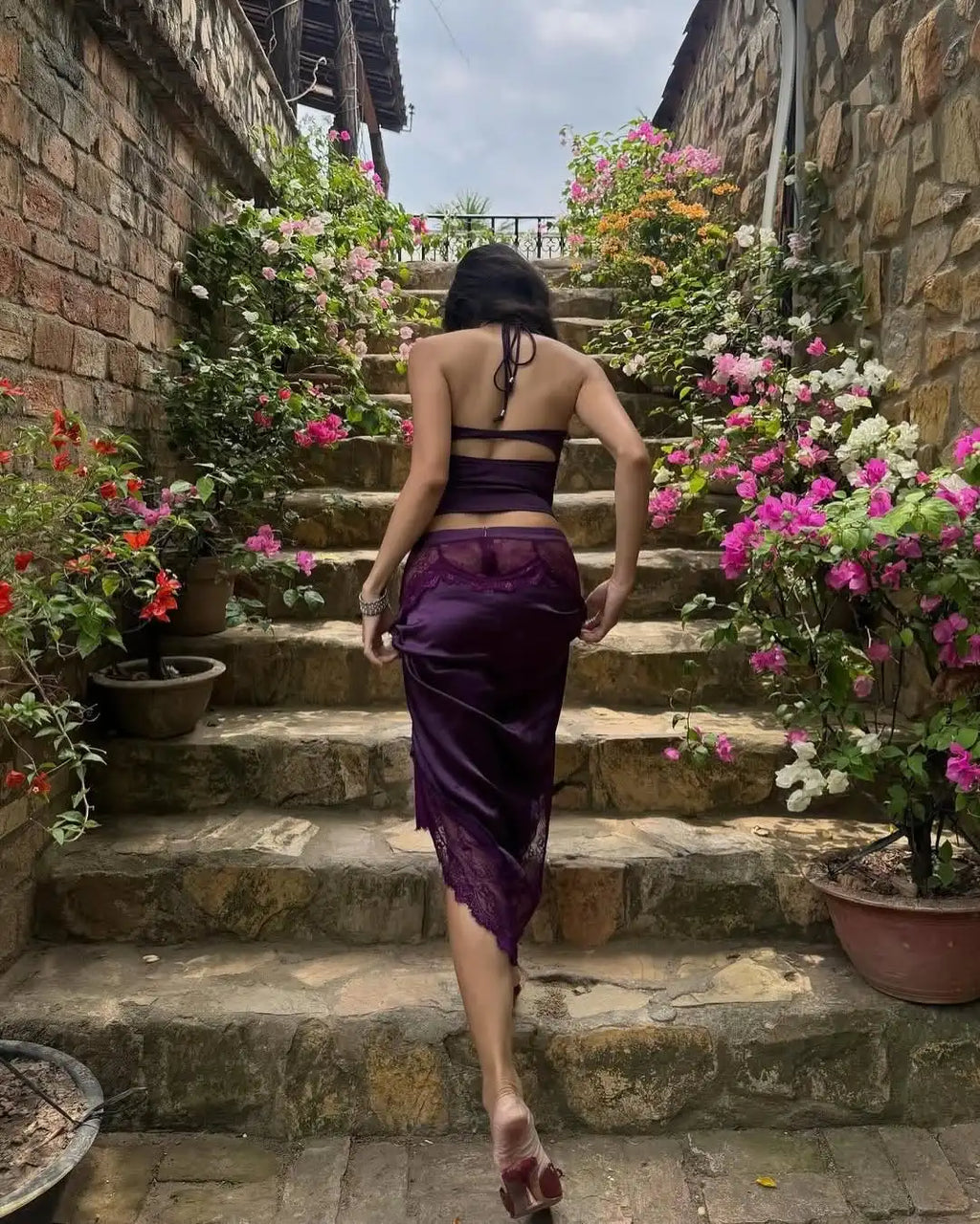 Violetta Lace Satin Asymmetrical Midi Skirt Set Two-piece