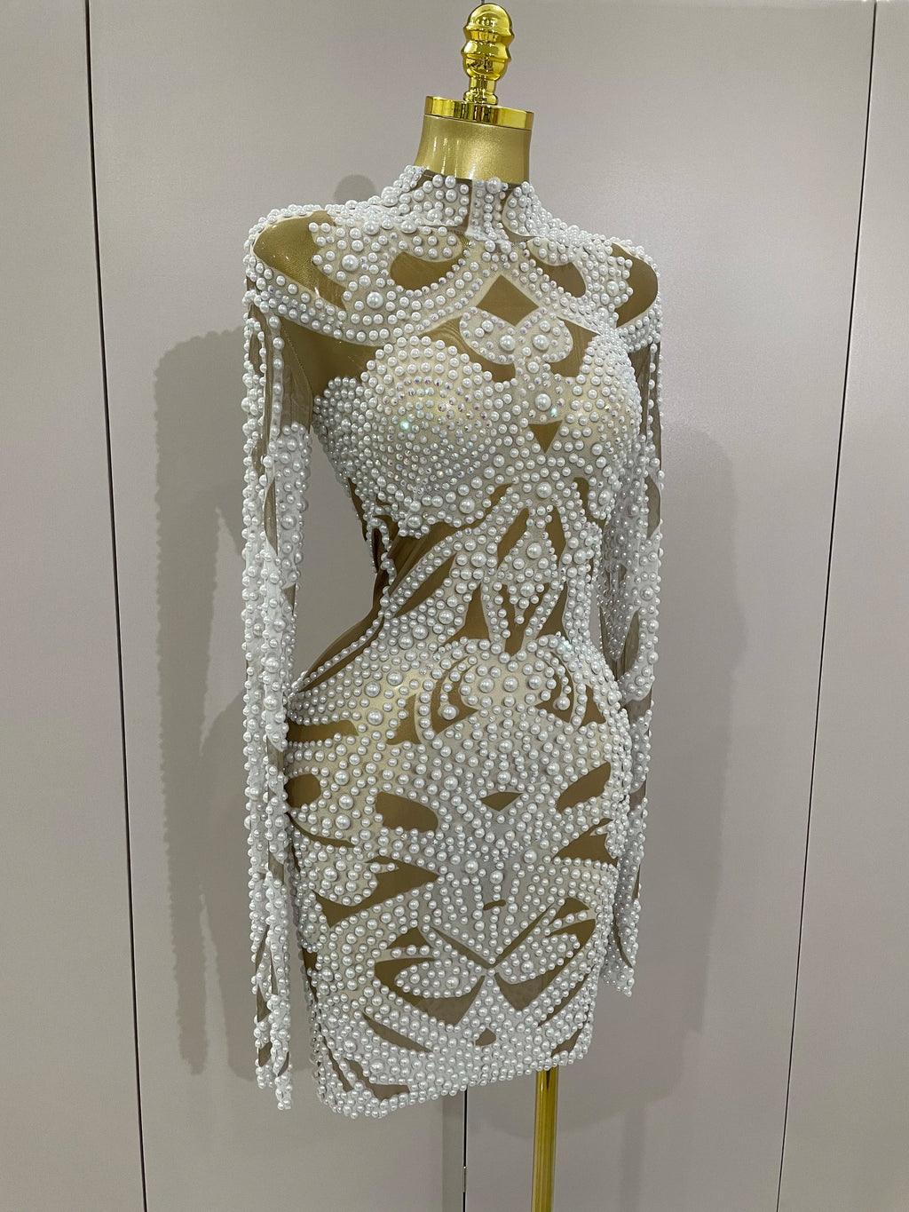 Alessia Pearl Rhinestone Mesh Long-Sleeve Mini Dress