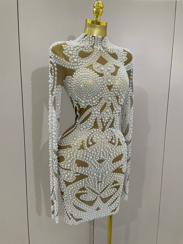 Alessia Pearl Rhinestone Mesh Long-Sleeve Mini Dress