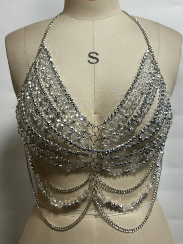 Sexy metal rhinestone corset crop top women summer see through halter tank top woman clothing hotwife cropped club party tops