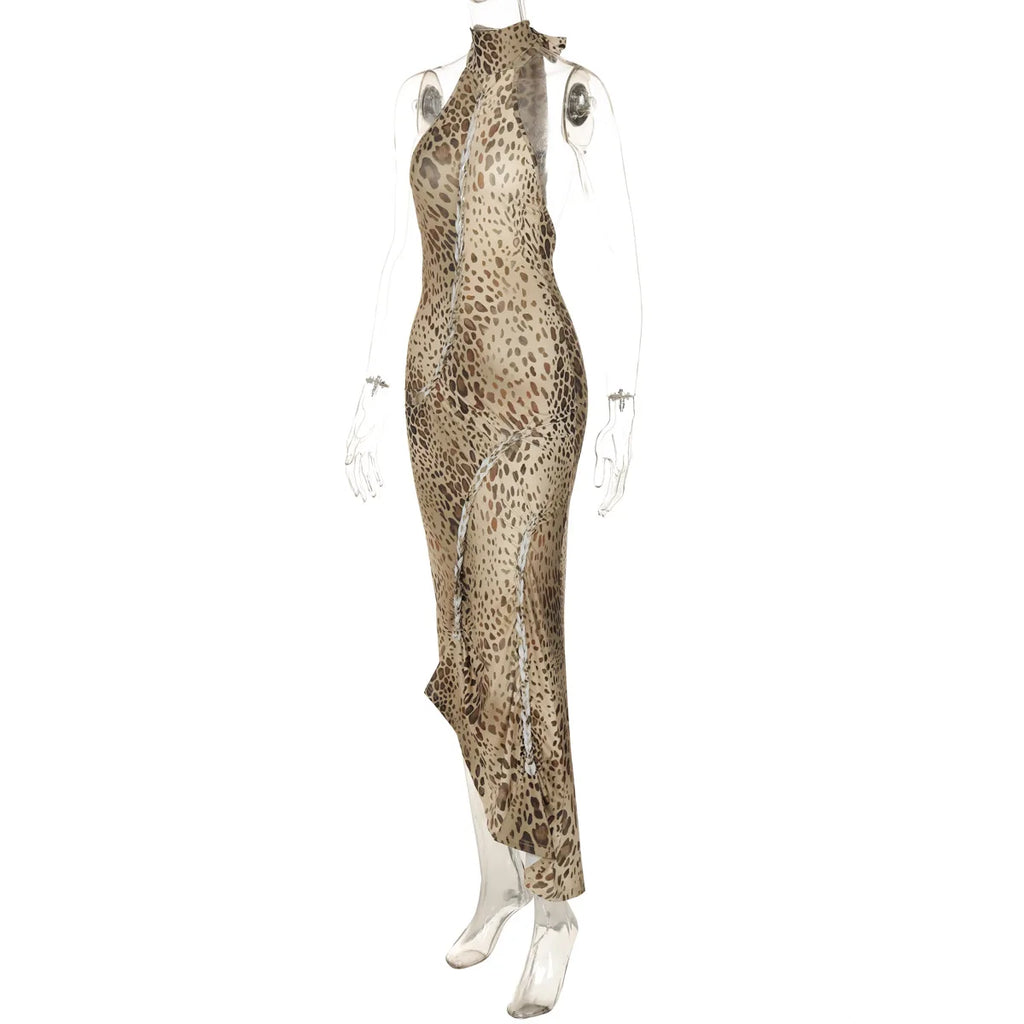 Leopoldine Leopard Print Halter Backless Bodycon Maxi Dress