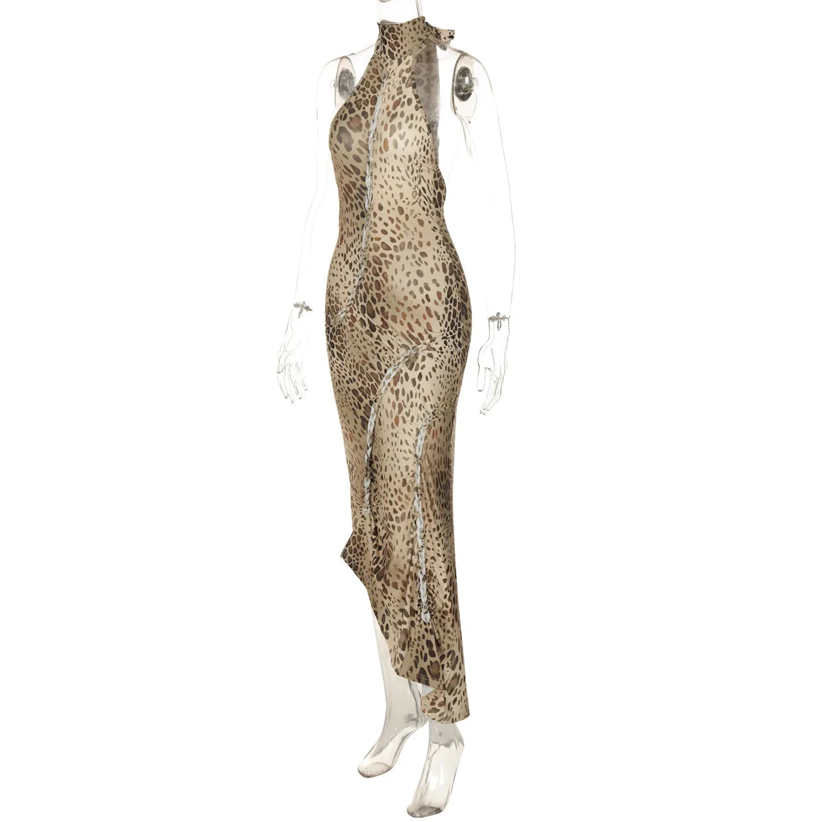 Leopoldine Leopard Print Halter Backless Bodycon Maxi Dress
