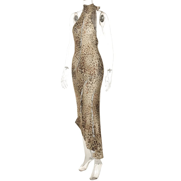 Leopoldine Leopard Print Halter Backless Bodycon Maxi Dress