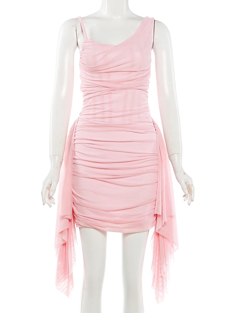 Kliou Mesh Patchwork Pink Dress Woman Summer Trend Low-Neck Backless Ruffles Tassel Skinny Wrap Hip Ruched Elegant Mini Bodycon