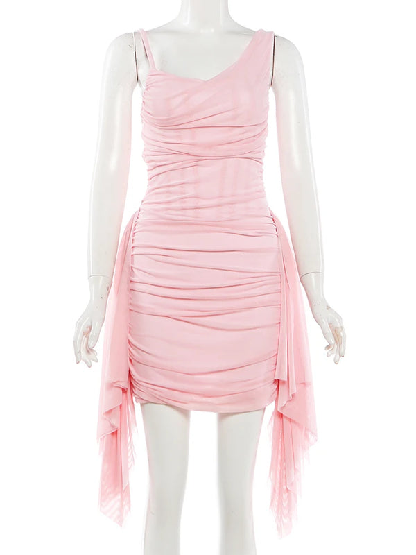 Kliou Mesh Patchwork Pink Dress Woman Summer Trend Low-Neck Backless Ruffles Tassel Skinny Wrap Hip Ruched Elegant Mini Bodycon