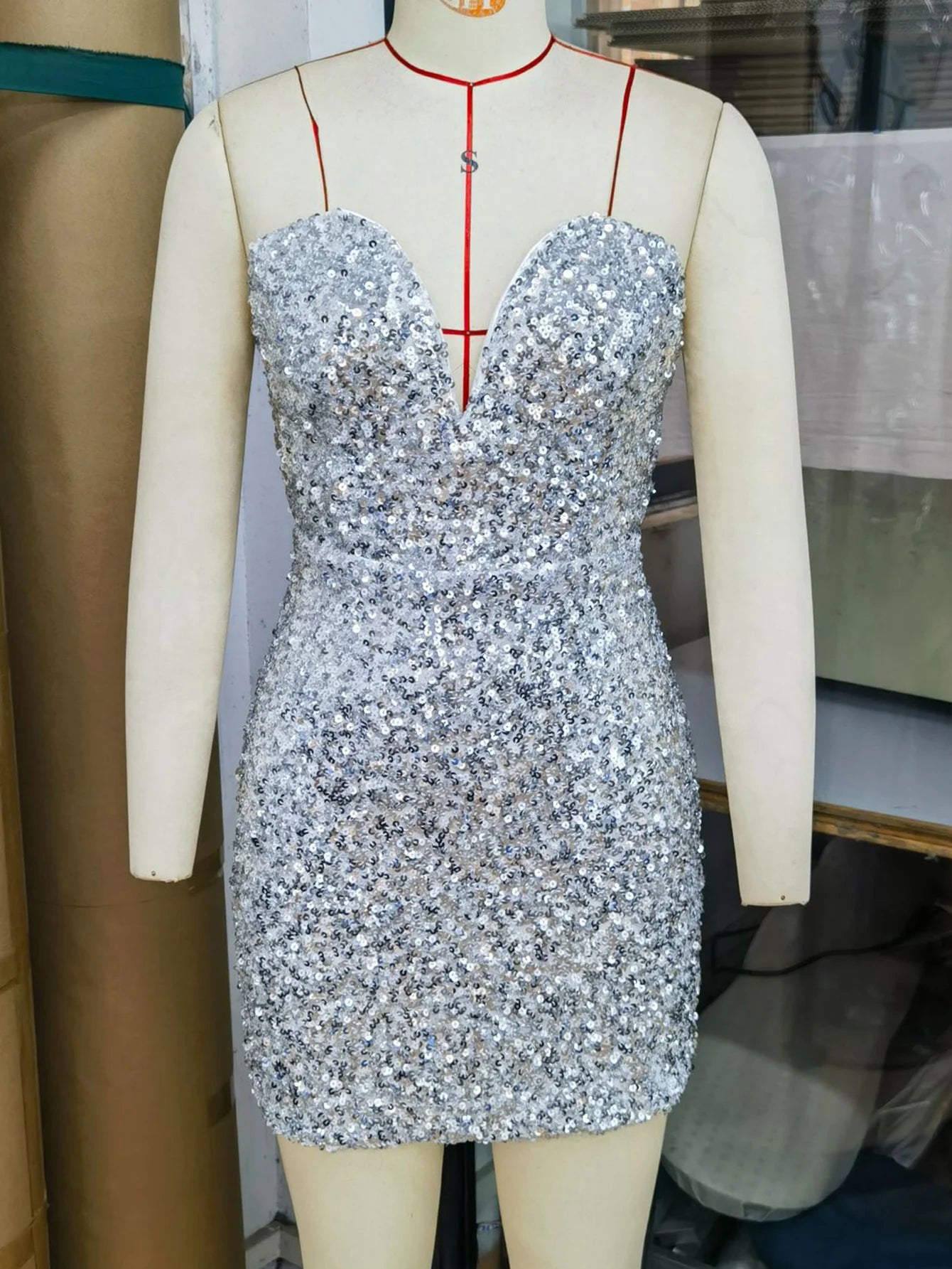 Corinna White Sequin Strapless Bodycon Mini Dress