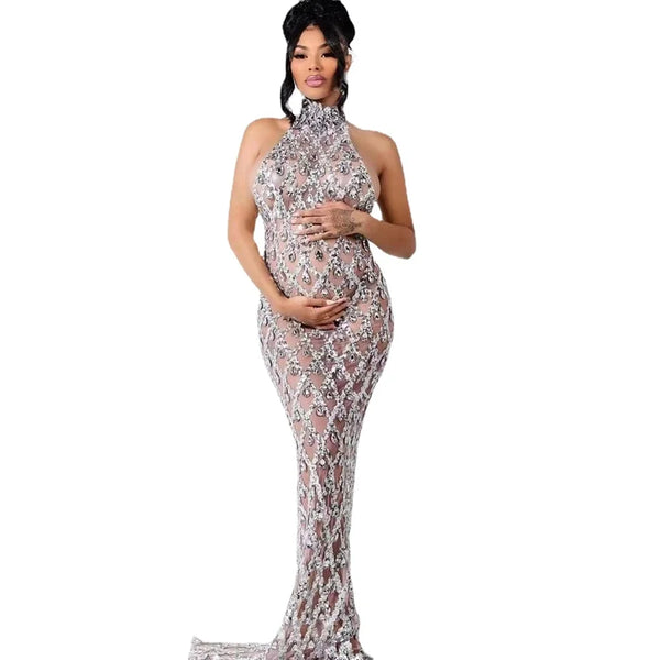 Domitilla Silver Crystal Sheer Mesh Mock-Neck Backless Maxi Gown