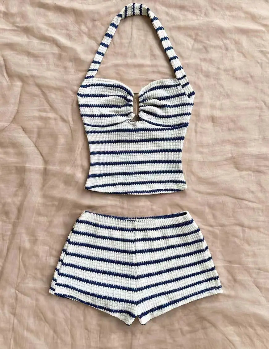 Marlowe Striped Halter Hollow-Out Knit Mini Dress