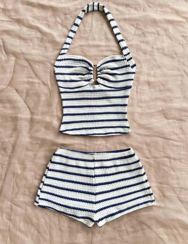 Marlowe Striped Halter Hollow-Out Knit Mini Dress
