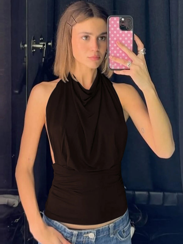 Wrenna Draped Halter Backless Ruched Tank Top One-piece